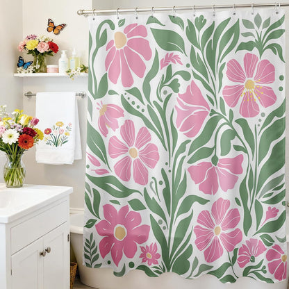 Boho Shower Curtain Floral Bathroom Curtain (Pink, 71x71 inch)