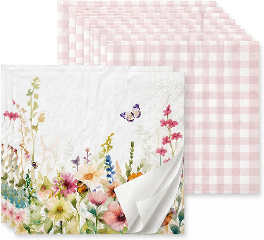 50Pcs Pink Gingham Floral Paper Napkins Disposable 3-Ply Napkins 13 x 13 Inch Watercolor Guest Napkins for Dinner Birthday Party Wedding Bridal Shower Baby Party Decorations