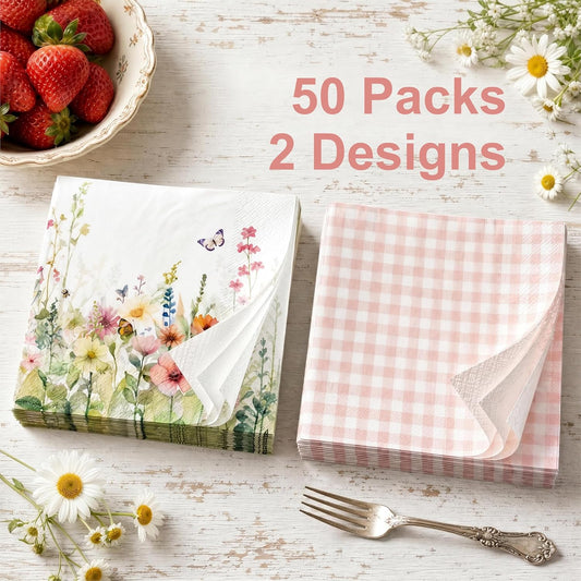 50Pcs Pink Gingham Floral Paper Napkins Disposable 3-Ply Napkins 13 x 13 Inch Watercolor Guest Napkins for Dinner Birthday Party Wedding Bridal Shower Baby Party Decorations