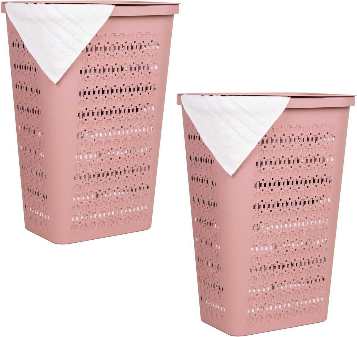Slim Tapered Laundry Hampers with Lid, Clothes Basket with Swiss Cross Cut-Outs, Lightweight & Ventilated, Plastic, Set of 2, Pink