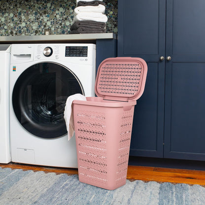 Slim Tapered Laundry Hampers with Lid, Clothes Basket with Swiss Cross Cut-Outs, Lightweight & Ventilated, Plastic, Set of 2, Pink