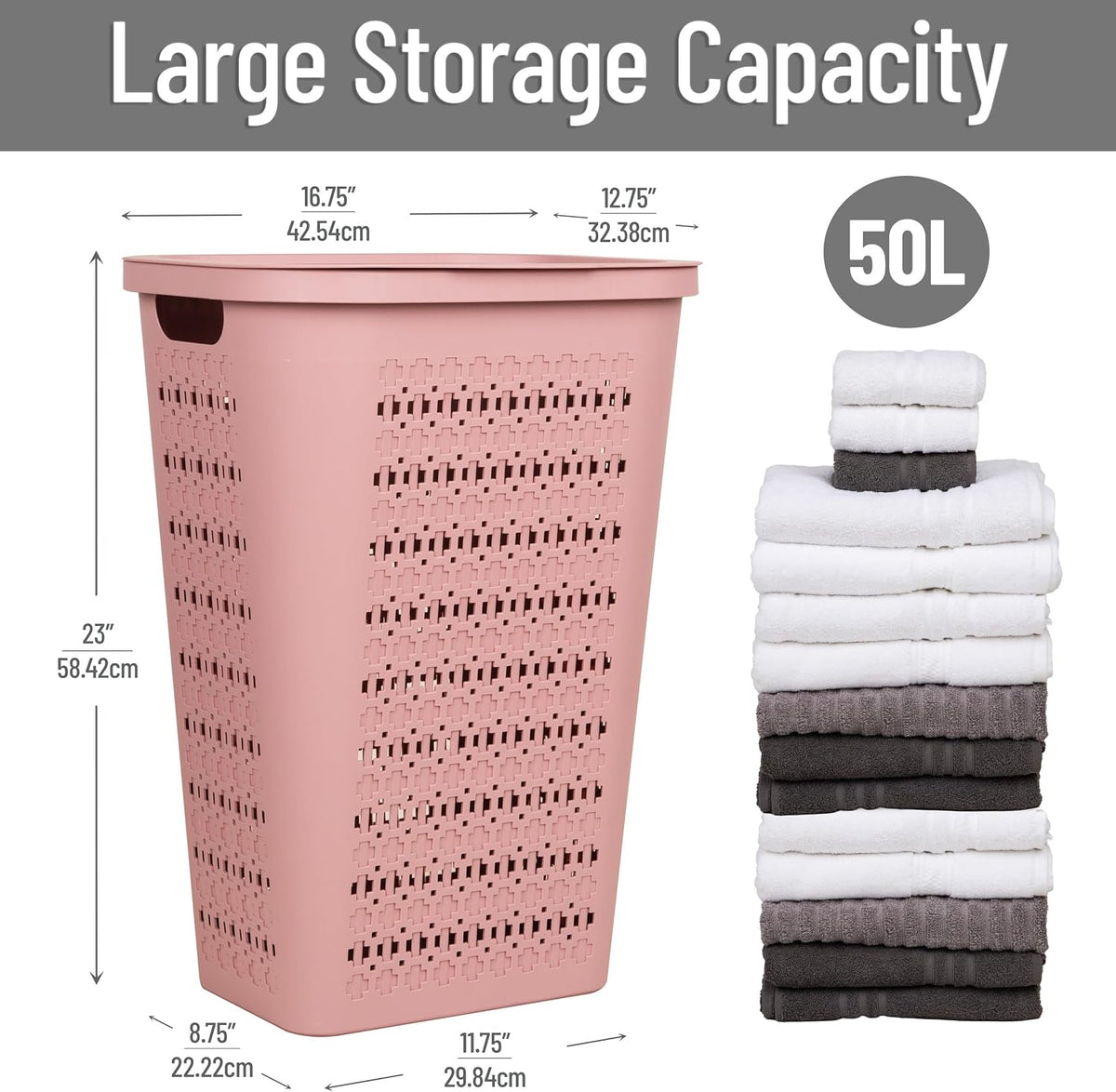 Slim Tapered Laundry Hampers with Lid, Clothes Basket with Swiss Cross Cut-Outs, Lightweight & Ventilated, Plastic, Set of 2, Pink