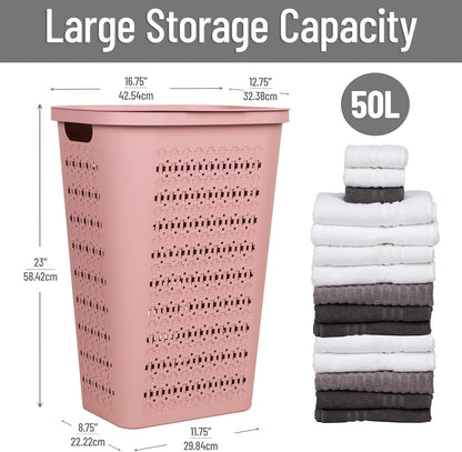 Slim Tapered Laundry Hampers with Lid, Clothes Basket with Swiss Cross Cut-Outs, Lightweight & Ventilated, Plastic, Set of 2, Pink