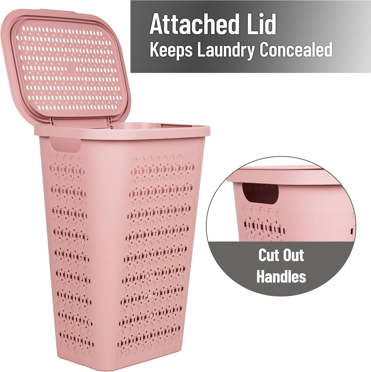Slim Tapered Laundry Hampers with Lid, Clothes Basket with Swiss Cross Cut-Outs, Lightweight & Ventilated, Plastic, Set of 2, Pink