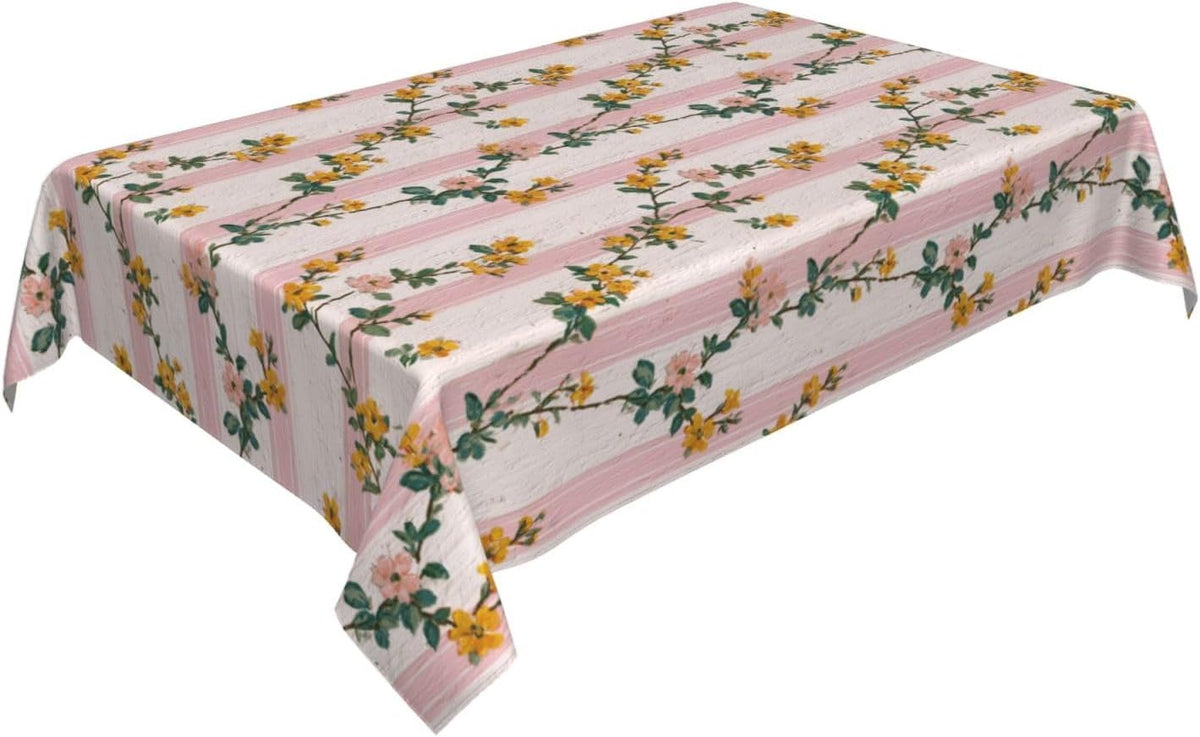 Tiny Yellow Flowers Light Pink Victorian Stripes Rectangle Tablecloth, Drop Shapes Table Cloth Dining Table Cover for Kitchen Restaurant Party Buffet Picnic, 52x70 Inch