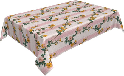 Tiny Yellow Flowers Light Pink Victorian Stripes Rectangle Tablecloth, Drop Shapes Table Cloth Dining Table Cover for Kitchen Restaurant Party Buffet Picnic, 52x70 Inch