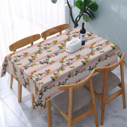 Tiny Yellow Flowers Light Pink Victorian Stripes Rectangle Tablecloth, Drop Shapes Table Cloth Dining Table Cover for Kitchen Restaurant Party Buffet Picnic, 52x70 Inch