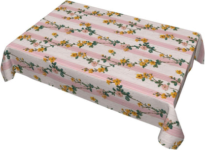 Tiny Yellow Flowers Light Pink Victorian Stripes Rectangle Tablecloth, Drop Shapes Table Cloth Dining Table Cover for Kitchen Restaurant Party Buffet Picnic, 52x70 Inch