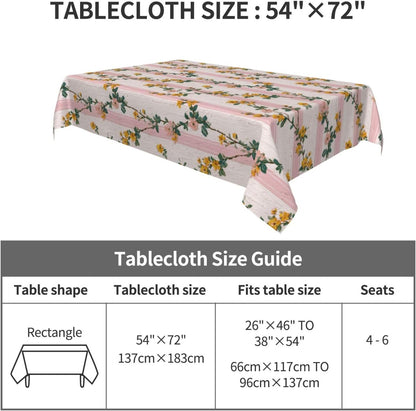 Tiny Yellow Flowers Light Pink Victorian Stripes Rectangle Tablecloth, Drop Shapes Table Cloth Dining Table Cover for Kitchen Restaurant Party Buffet Picnic, 52x70 Inch