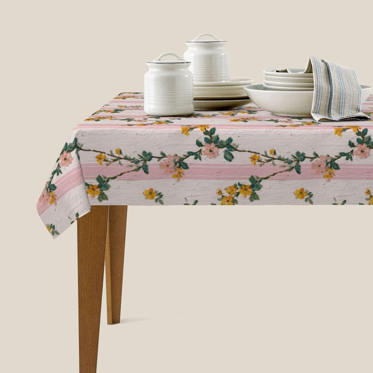 Tiny Yellow Flowers Light Pink Victorian Stripes Rectangle Tablecloth, Drop Shapes Table Cloth Dining Table Cover for Kitchen Restaurant Party Buffet Picnic, 52x70 Inch