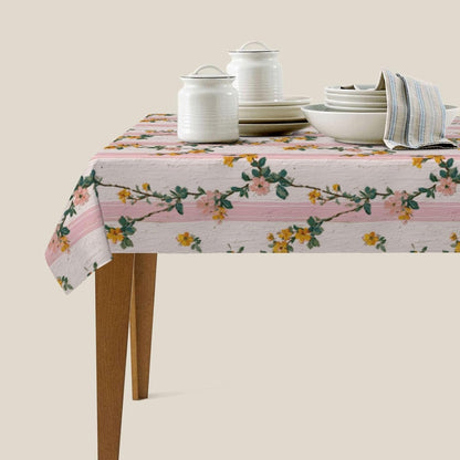 Tiny Yellow Flowers Light Pink Victorian Stripes Rectangle Tablecloth, Drop Shapes Table Cloth Dining Table Cover for Kitchen Restaurant Party Buffet Picnic, 52x70 Inch