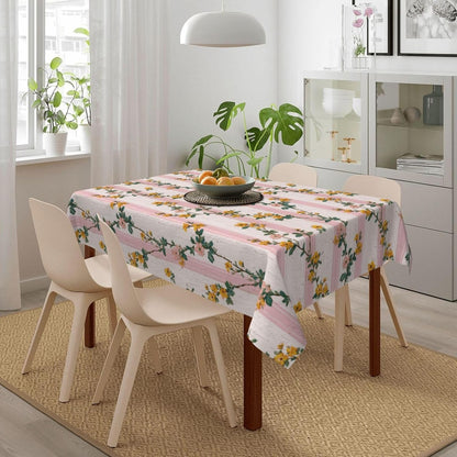 Tiny Yellow Flowers Light Pink Victorian Stripes Rectangle Tablecloth, Drop Shapes Table Cloth Dining Table Cover for Kitchen Restaurant Party Buffet Picnic, 52x70 Inch