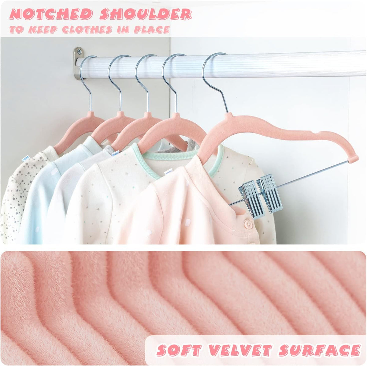 11.8 Inch Baby Velvet Hangers with Movable Clips 16 Pack Pink