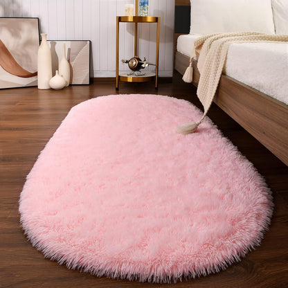 Fluffy Rugs for Bedroom, Shag Cute Area Rug for Girls and Kids Baby Room Home Decor, 2.6 x 5.3 Feet Oval Indoor Carpet for Nursery Dorm Living Room, Pink