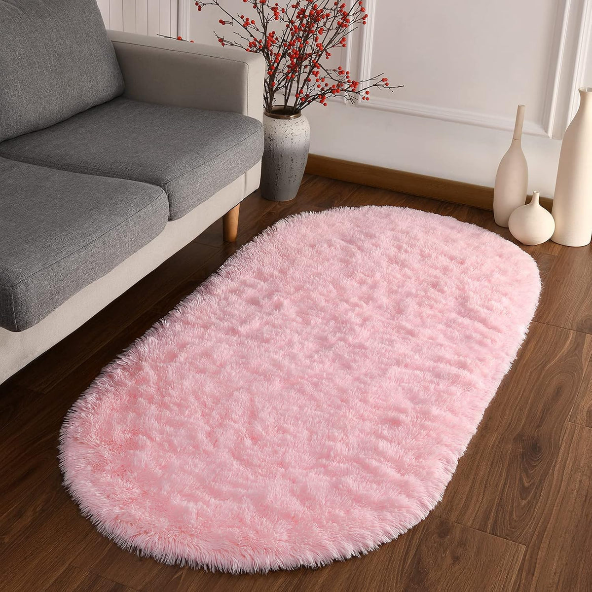 Fluffy Rugs for Bedroom, Shag Cute Area Rug for Girls and Kids Baby Room Home Decor, 2.6 x 5.3 Feet Oval Indoor Carpet for Nursery Dorm Living Room, Pink