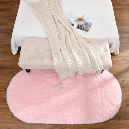 Fluffy Rugs for Bedroom, Shag Cute Area Rug for Girls and Kids Baby Room Home Decor, 2.6 x 5.3 Feet Oval Indoor Carpet for Nursery Dorm Living Room, Pink
