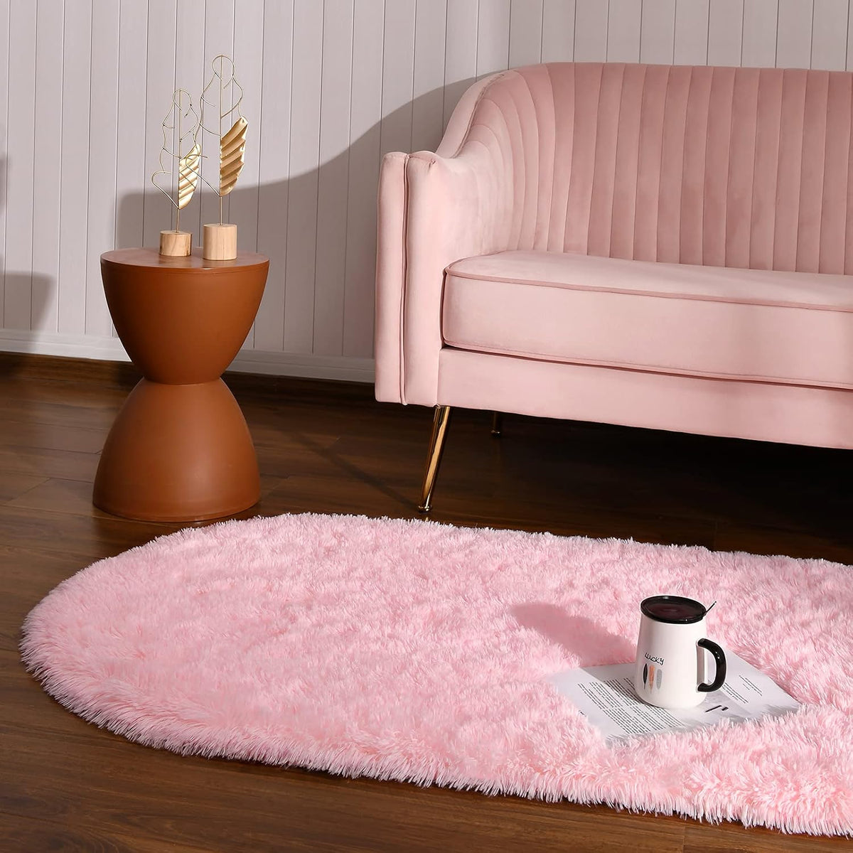 Fluffy Rugs for Bedroom, Shag Cute Area Rug for Girls and Kids Baby Room Home Decor, 2.6 x 5.3 Feet Oval Indoor Carpet for Nursery Dorm Living Room, Pink