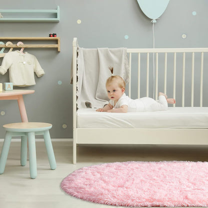 Fluffy Rugs for Bedroom, Shag Cute Area Rug for Girls and Kids Baby Room Home Decor, 2.6 x 5.3 Feet Oval Indoor Carpet for Nursery Dorm Living Room, Pink