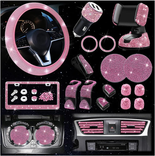 27-Piece 15 Inch Rhinestone Car Interior Accessory Set, Pink