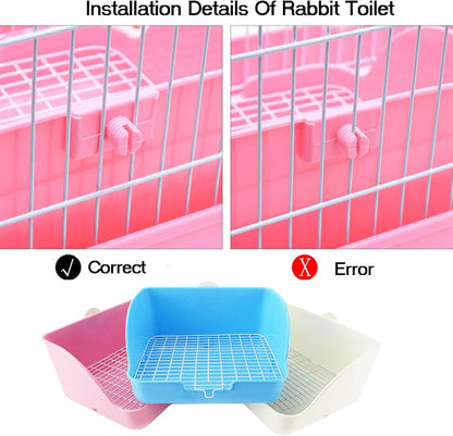 Rabbit Litter Box Bunny Potty Box Guinea Pig Hay Rack Feeder Rabbits Corner Litter Pan Potty Trainer Pet Toilet with Cleaning Set for Hamster, Guinea Pig, Ferret and Other Animals (Pink)
