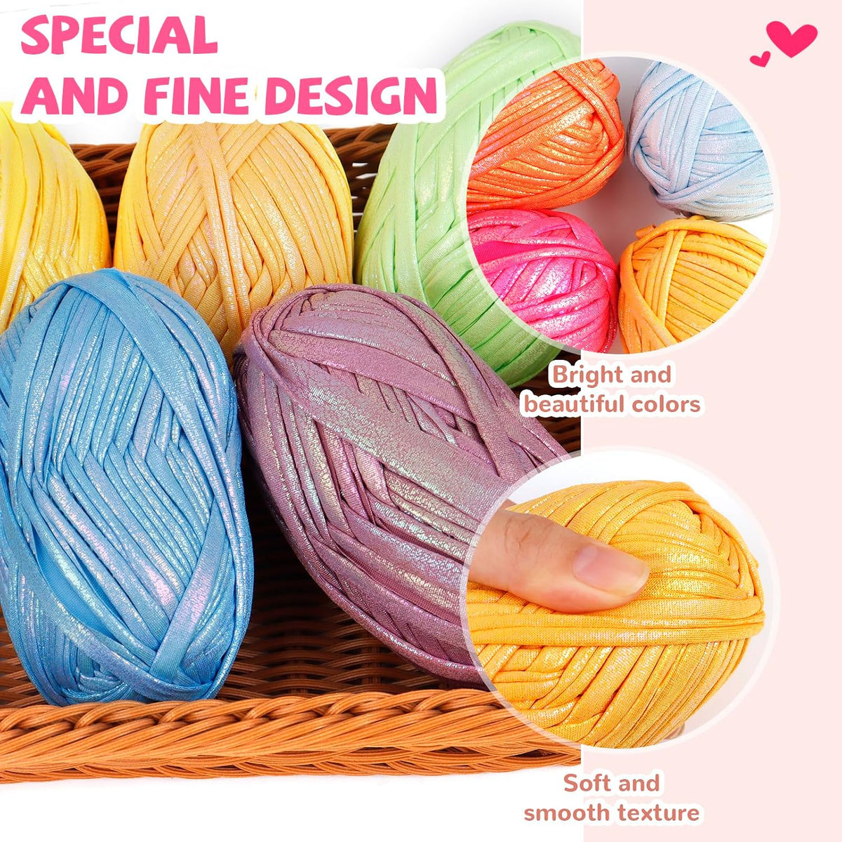 3 Skeins T Shirt Yarn Soft Tape Crochet Yarn Sparkle Metallic Yarn for Crocheting and Knitting Beginner, Knitting Handbag, Basket, Dolls, DIY Hand Projects - 300g (Light Pink)