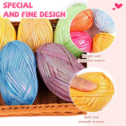 3 Skeins T Shirt Yarn Soft Tape Crochet Yarn Sparkle Metallic Yarn for Crocheting and Knitting Beginner, Knitting Handbag, Basket, Dolls, DIY Hand Projects - 300g (Light Pink)