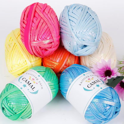 3 Skeins T Shirt Yarn Soft Tape Crochet Yarn Sparkle Metallic Yarn for Crocheting and Knitting Beginner, Knitting Handbag, Basket, Dolls, DIY Hand Projects - 300g (Light Pink)