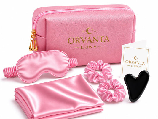 Luna Luxury Self Care Gift Set for Women – Satin Sleep Mask, Satin Pillowcase, Gua Sha, Satin Scrunchies & Travel Pouch (Blush Pink)