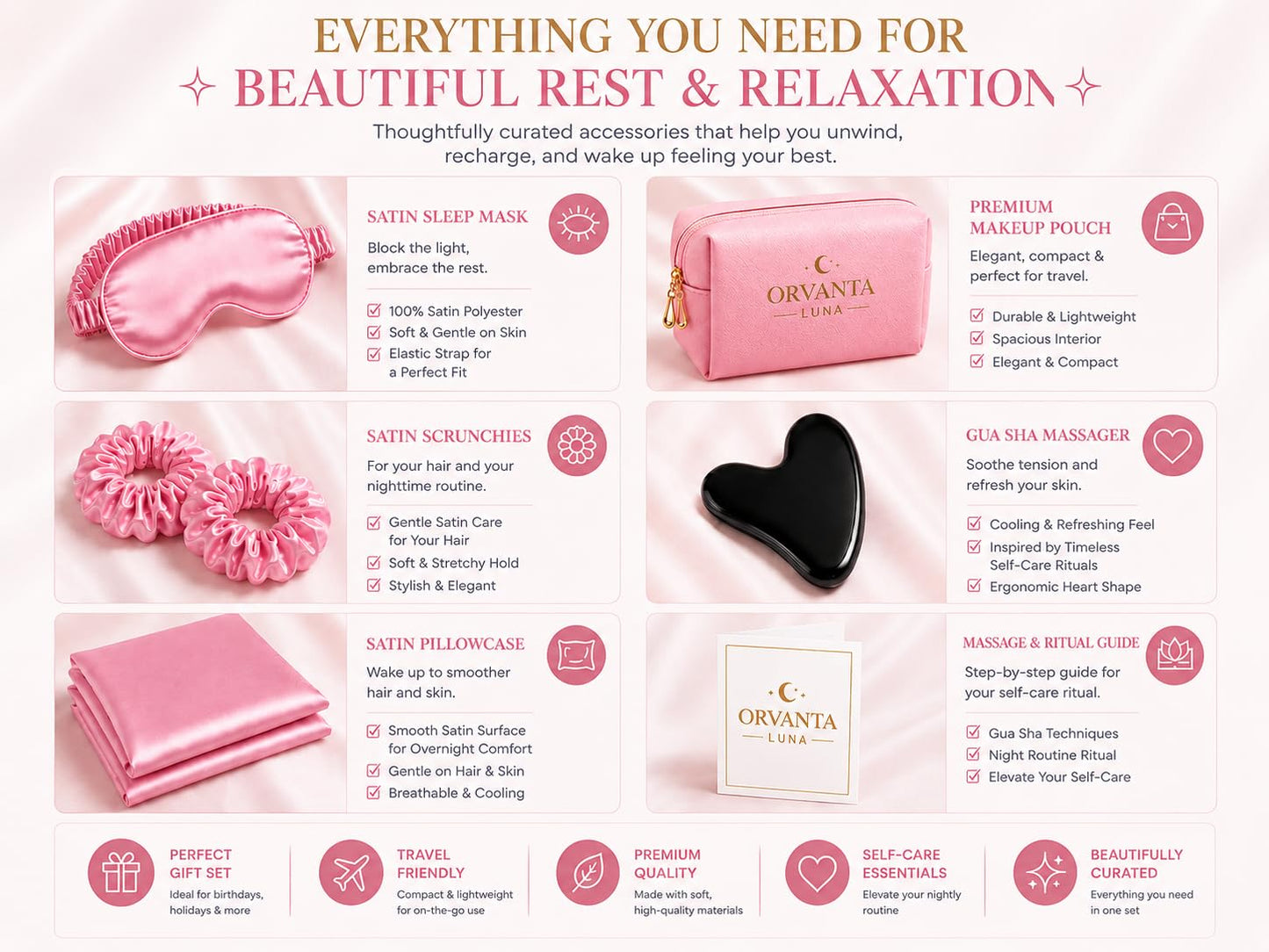 Luna Luxury Self Care Gift Set for Women – Satin Sleep Mask, Satin Pillowcase, Gua Sha, Satin Scrunchies & Travel Pouch (Blush Pink)