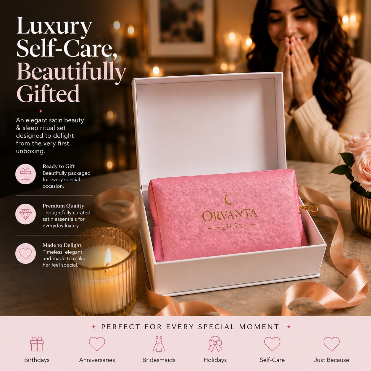 Luna Luxury Self Care Gift Set for Women – Satin Sleep Mask, Satin Pillowcase, Gua Sha, Satin Scrunchies & Travel Pouch (Blush Pink)