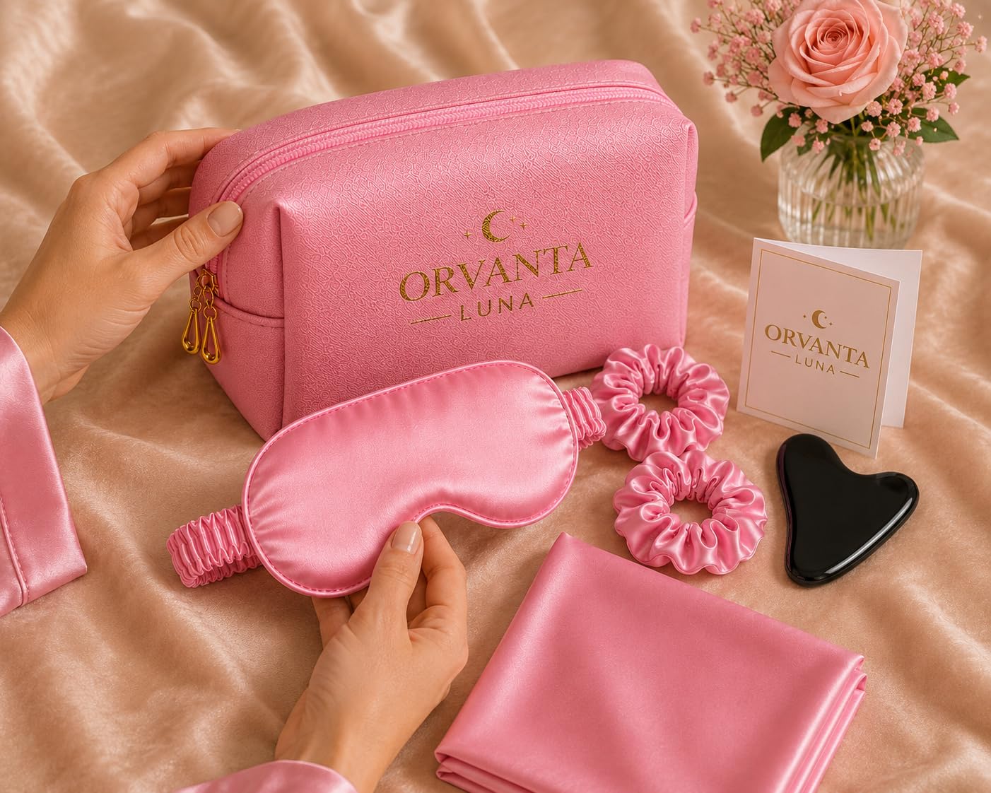 Luna Luxury Self Care Gift Set for Women – Satin Sleep Mask, Satin Pillowcase, Gua Sha, Satin Scrunchies & Travel Pouch (Blush Pink)