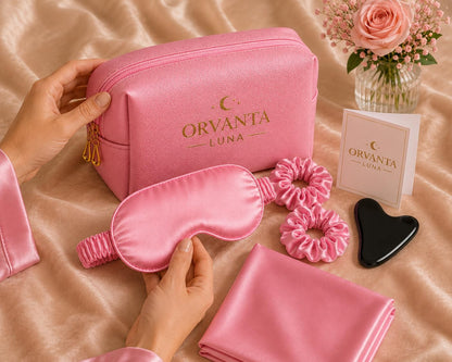 Luna Luxury Self Care Gift Set for Women – Satin Sleep Mask, Satin Pillowcase, Gua Sha, Satin Scrunchies & Travel Pouch (Blush Pink)