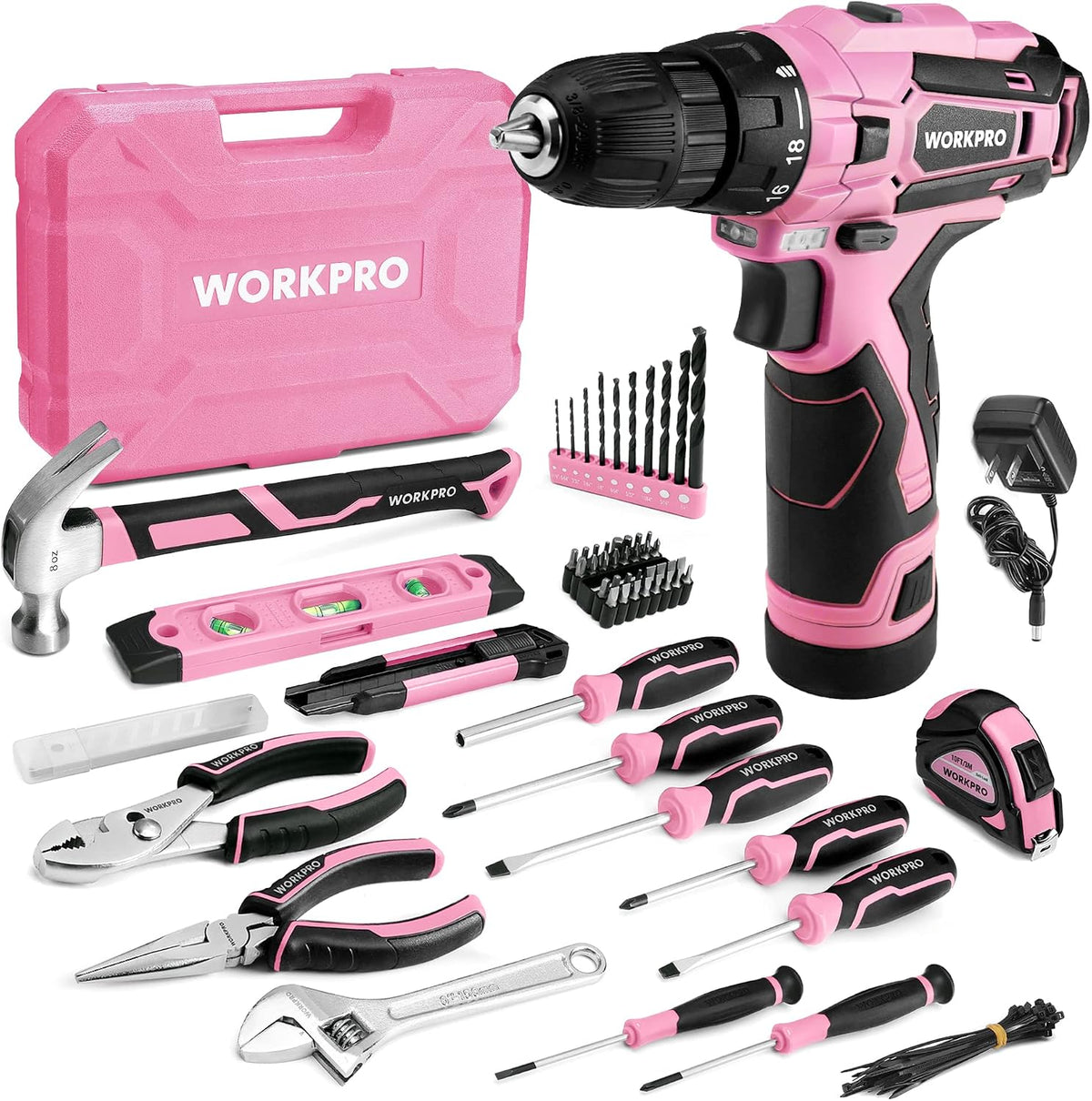 12V Cordless Pink Drill Set for Women, Home Tool Kit with Tool box