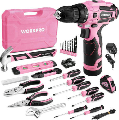 12V Cordless Pink Drill Set for Women, Home Tool Kit with Tool box