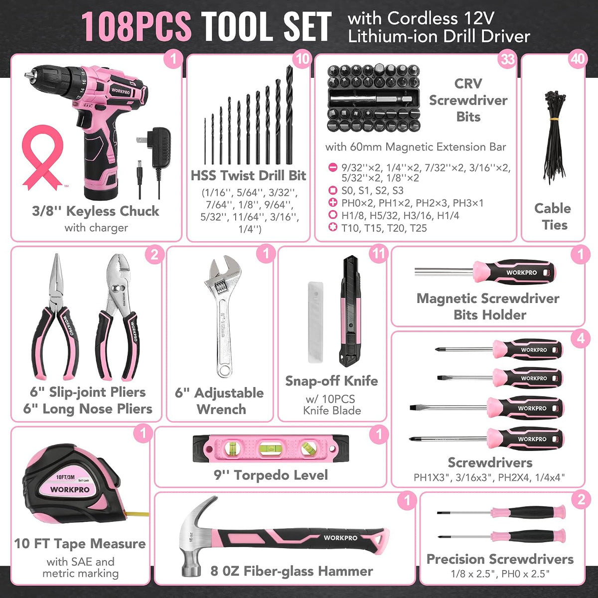 12V Cordless Pink Drill Set for Women, Home Tool Kit with Tool box