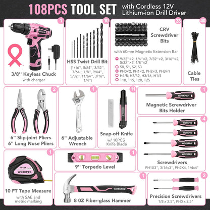 12V Cordless Pink Drill Set for Women, Home Tool Kit with Tool box