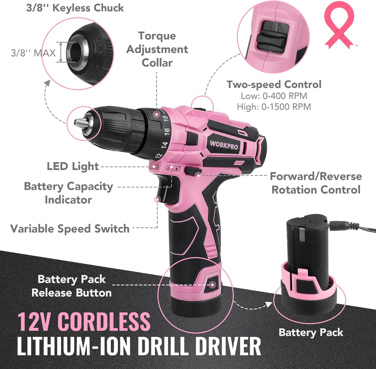 12V Cordless Pink Drill Set for Women, Home Tool Kit with Tool box