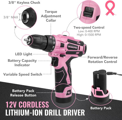 12V Cordless Pink Drill Set for Women, Home Tool Kit with Tool box
