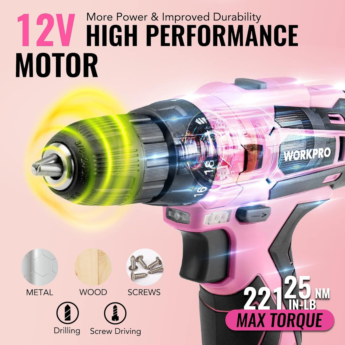 12V Cordless Pink Drill Set for Women, Home Tool Kit with Tool box