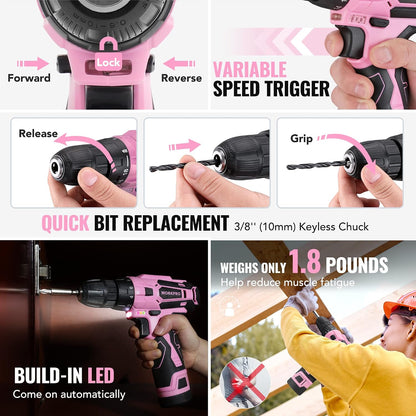 12V Cordless Pink Drill Set for Women, Home Tool Kit with Tool box