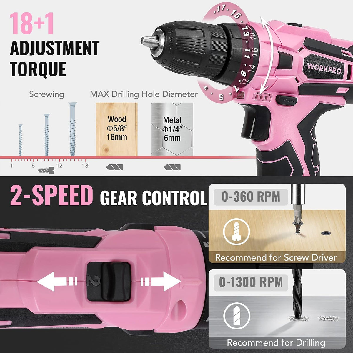 12V Cordless Pink Drill Set for Women, Home Tool Kit with Tool box