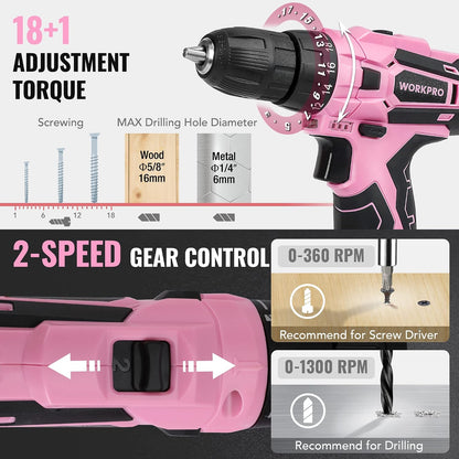 12V Cordless Pink Drill Set for Women, Home Tool Kit with Tool box
