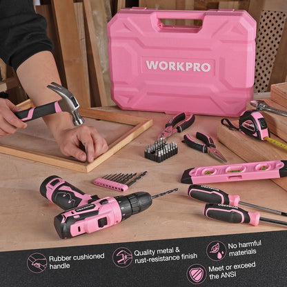 12V Cordless Pink Drill Set for Women, Home Tool Kit with Tool box
