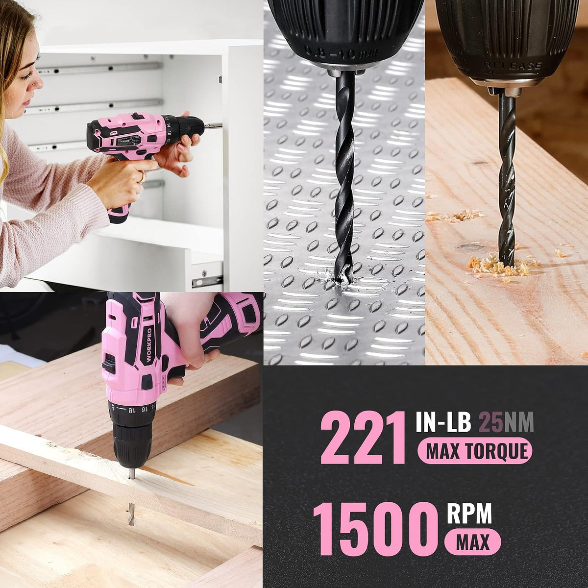 12V Cordless Pink Drill Set for Women, Home Tool Kit with Tool box