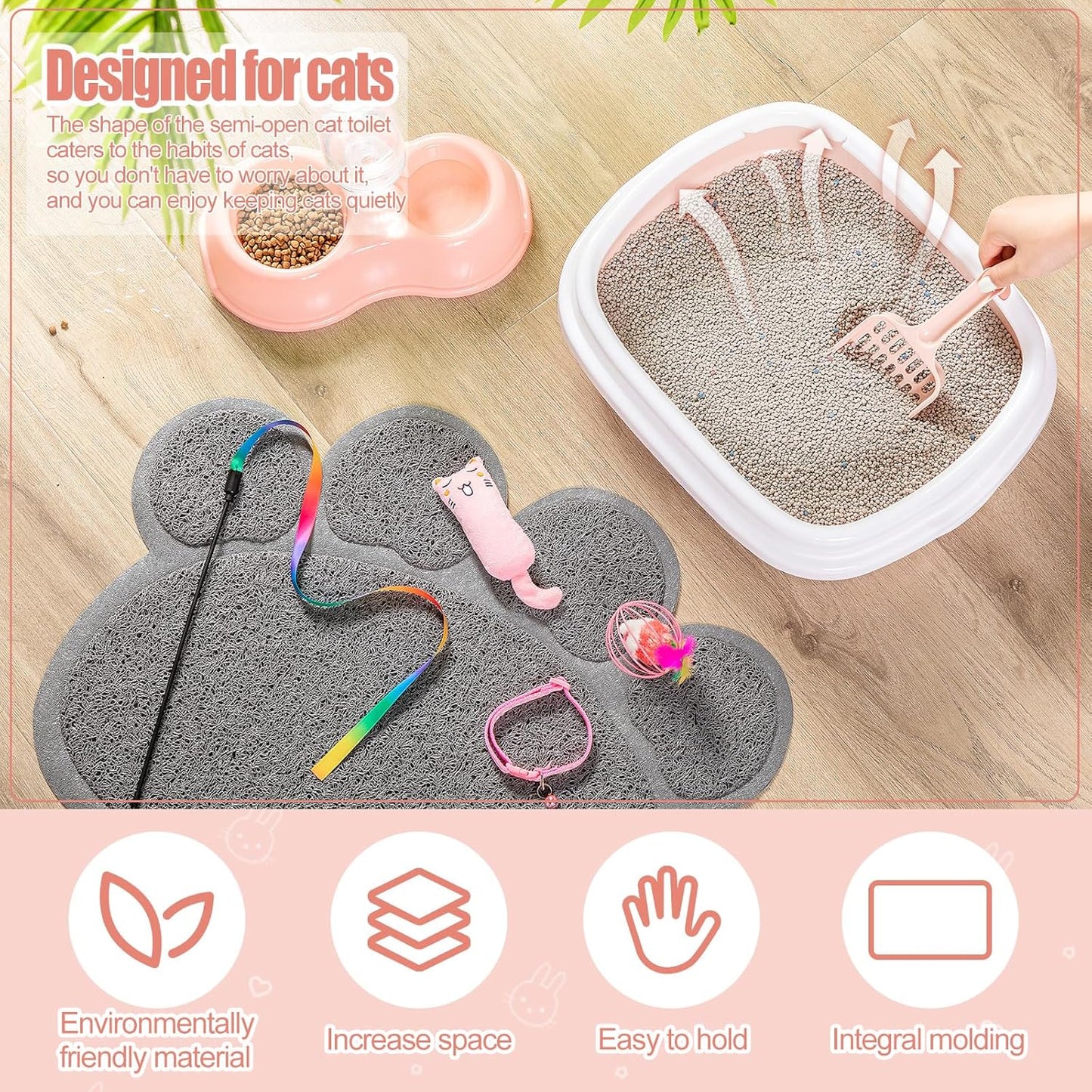 7 Pcs Small Cat Kitten Starter Kit Cat Litter Box with Shovel Paw Litter Mat Double Automatic Kitten Bowls Toy Teaser Stick Collar Essentials Kits for 1-3 Lbs Beginner(Stylish,Light Pink)