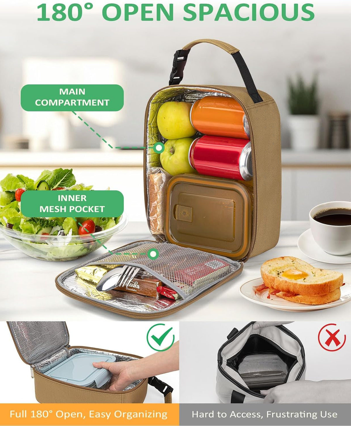 Lightweight Insulated Lunch Bag for Men Women & Kids - Portable Lunch Tote with Clip-On Handle for Work, School & Gym, 6 Can Capacity, Khaki