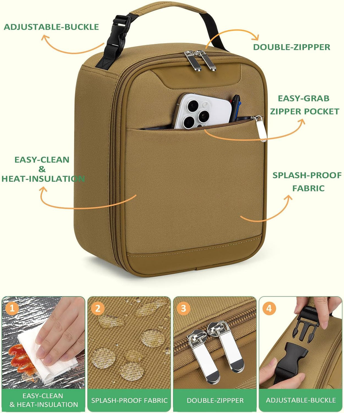 Lightweight Insulated Lunch Bag for Men Women & Kids - Portable Lunch Tote with Clip-On Handle for Work, School & Gym, 6 Can Capacity, Khaki