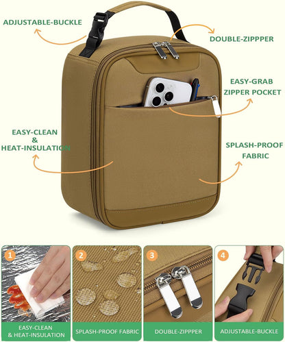 Lightweight Insulated Lunch Bag for Men Women & Kids - Portable Lunch Tote with Clip-On Handle for Work, School & Gym, 6 Can Capacity, Khaki