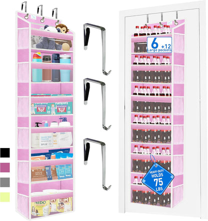 Over the Door Organizer Storage 6 Tier, 12 Large Capacity Side Pockets, Heavy Duty Metal Reinforced Hook Anti Tilt 75 LB Load Behind Door Storage for Bedroom Bathroom Pantry Nursery