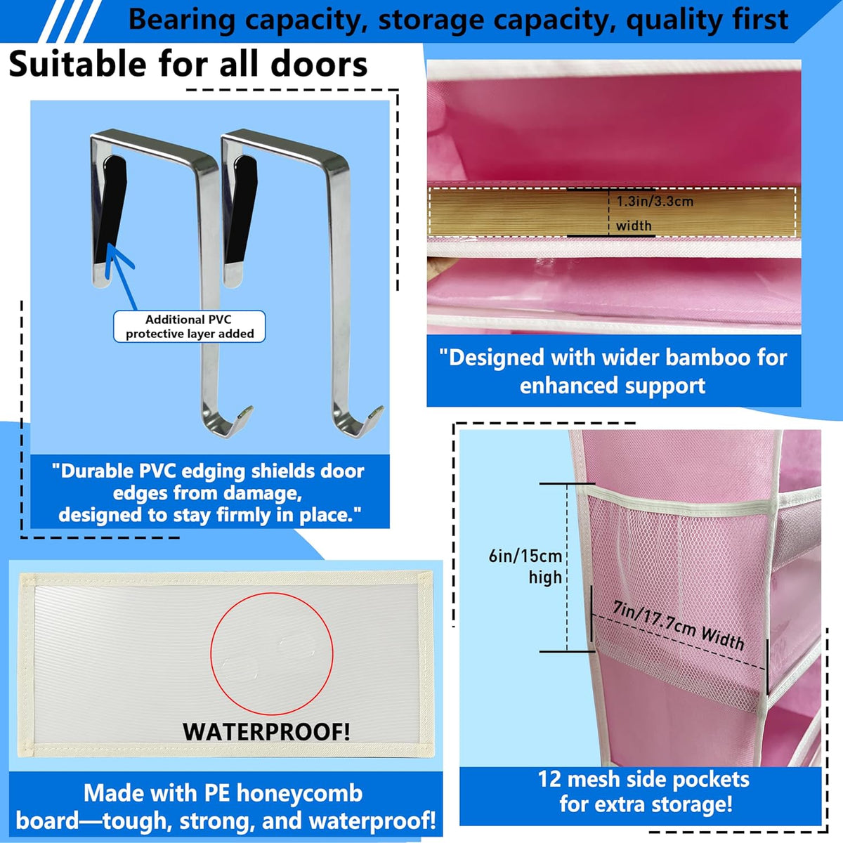 Over the Door Organizer Storage 6 Tier, 12 Large Capacity Side Pockets, Heavy Duty Metal Reinforced Hook Anti Tilt 75 LB Load Behind Door Storage for Bedroom Bathroom Pantry Nursery